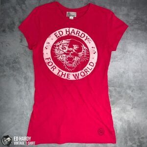 VINTAGE ED HARDY FOR THE WORLD TIGER GRAPHIC CREWNECK T-SHIRT IN RED WOMEN LARGE